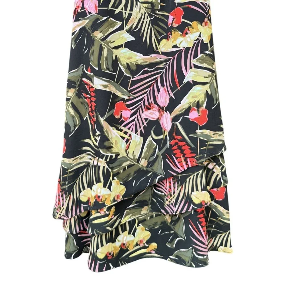 Cupio Black Tropical Floral Sleeveless Dress Tiered Hem S Breezy Flowy Womens - Picture 3 of 6